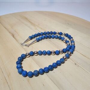 Sterling Silver Lapis Beaded Necklace With Sterling Spacer Beads And Hook Clasp